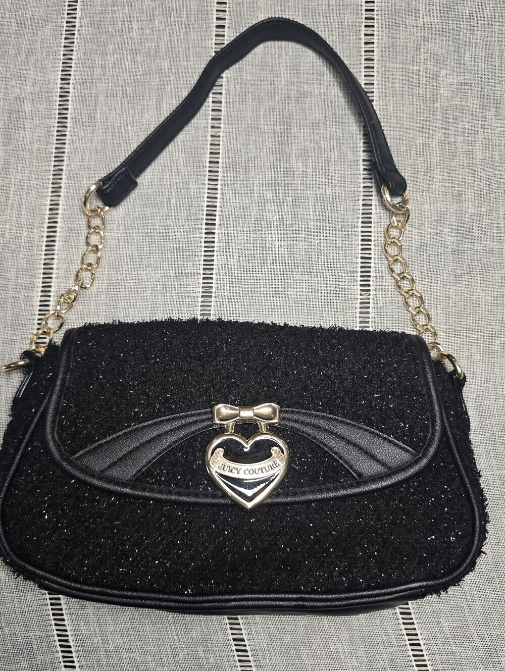 Juicy Couture Black Sparkle Heart-Detail Shoulder Bag with Gold Chain